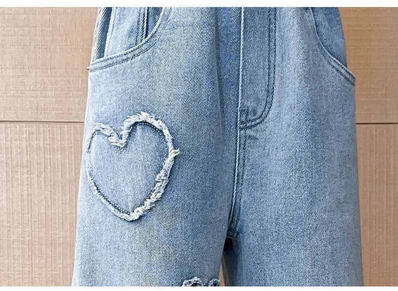 Teenagers Girls Jeans Love Embroidery Children Trousers Autumn Girls Denim Wide Leg Pants 5 6 8 10 12 14 Years New Kids Clothes