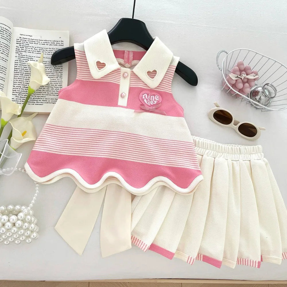 Pink 2-9 Years Girl Clothes Fashion Fold-over Collar Striped Love Print T-shirt + Pleated Skirt 2 Pcs Set Back Bow Decoration