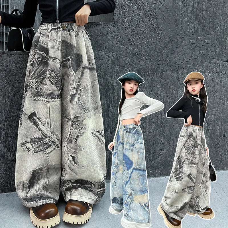 Spring Autumn Teenager Girls Denim Wide Leg Pants Children Trousers New Fashion Tie Dye Design Girls Jeans 5-14 Yrs Kids Clothes