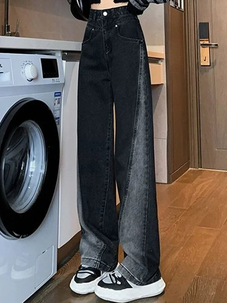 Woman High Waist Jeans Lady American High Street Patchwork Straight Leg Pants Girls Black Gray Contrast Color Wide Leg Trousers