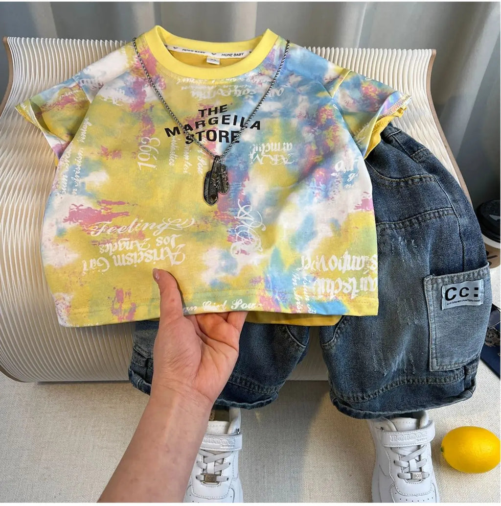 Kids Handsome Summer Clothing Denim Suit for Boy Casual T-shirt & Short Jeans 2Pcs Set Children's Top and Bottom Clothes Set