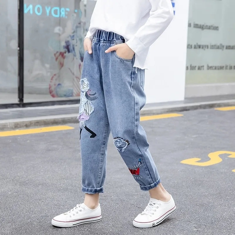 3-12 Years Teen Girls Jeans Little Girl Embroidery Fashion Long Pants For Kids Slim Fit Style Children Denim Fabric Trousers