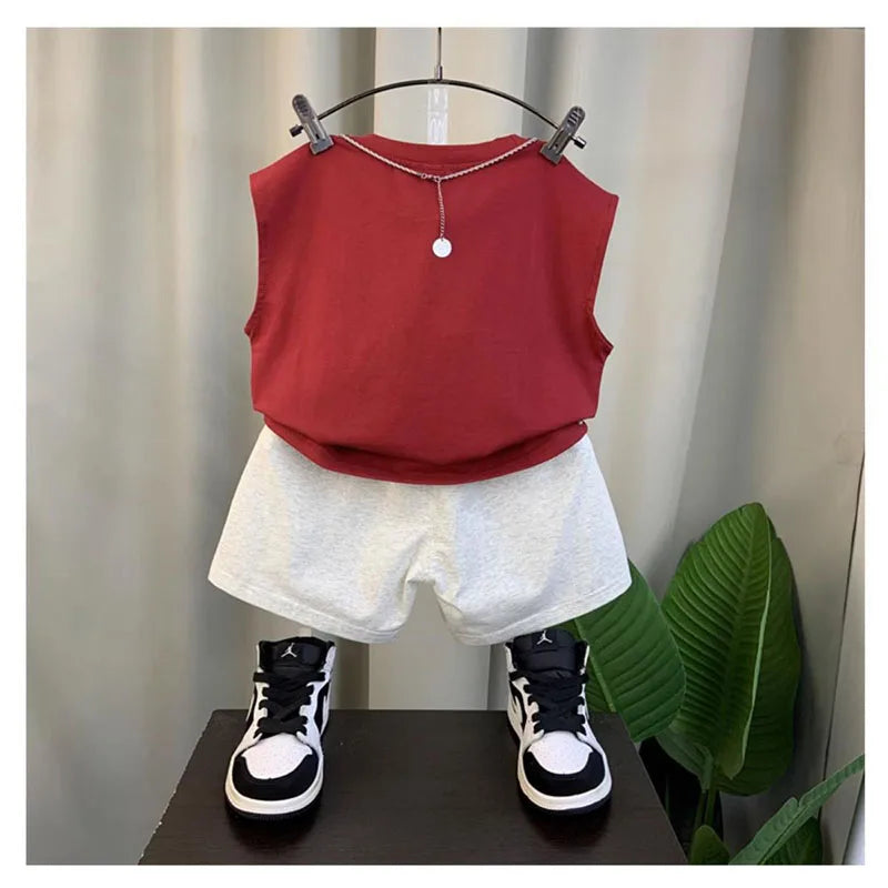 2024 Boy’s Loose Vest Sets Baby Casual Fashion Suit Summer New Children's Thin Sleeveless Round Neck Top Shorts 2Pcs 12M-6Years