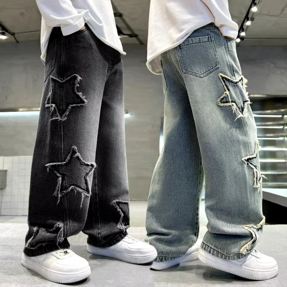 Kids Trousers New Fashion Teenager Boys Denim Wide Leg Pants Child Trousers Spring Autumn Star Splicing Raw Edge Jeans 5-14 Yrs