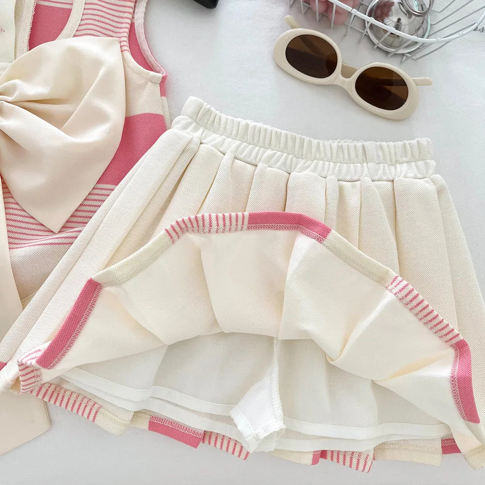 Pink 2-9 Years Girl Clothes Fashion Fold-over Collar Striped Love Print T-shirt + Pleated Skirt 2 Pcs Set Back Bow Decoration