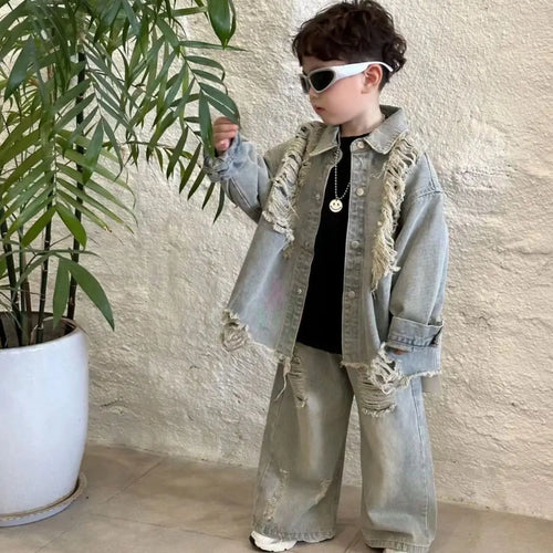 2-10Y Boys Spring Autumn Gray Retro Hole 2025 Denim Coat Pant Suit girl American Style New Loose Slimming High Waist Floor Pants