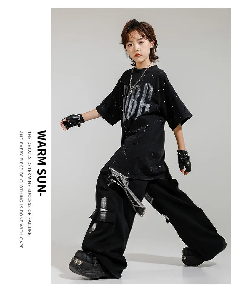 Hip Hop Boys Letters Cool T-shirt Loose Graffiti Pants Girls K-pop Costume Child Streetwear Kids Jazz Street Dance Clothes Sets