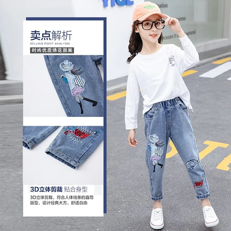 3-12 Years Teen Girls Jeans Little Girl Embroidery Fashion Long Pants For Kids Slim Fit Style Children Denim Fabric Trousers