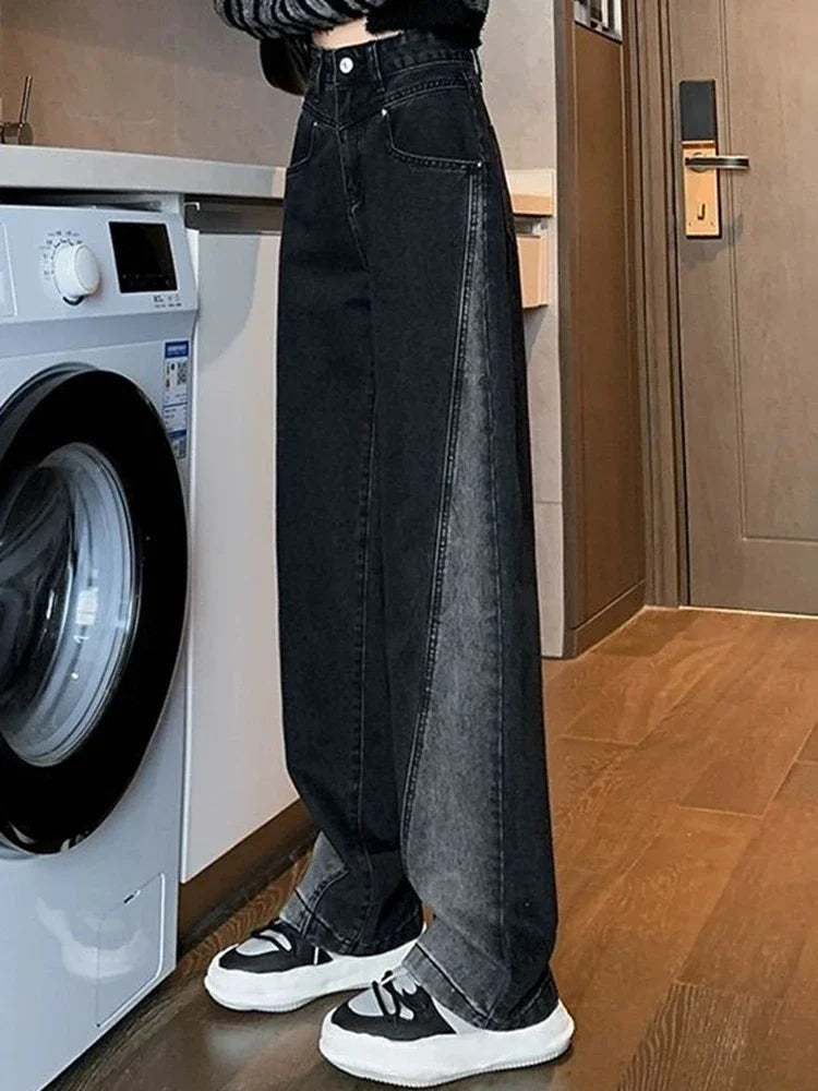 Woman High Waist Jeans Lady American High Street Patchwork Straight Leg Pants Girls Black Gray Contrast Color Wide Leg Trousers