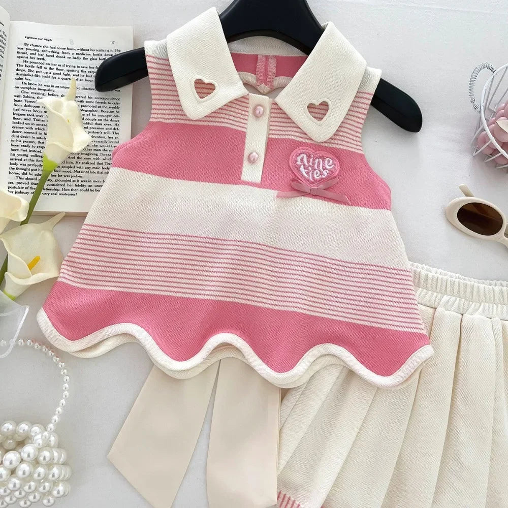 Pink 2-9 Years Girl Clothes Fashion Fold-over Collar Striped Love Print T-shirt + Pleated Skirt 2 Pcs Set Back Bow Decoration