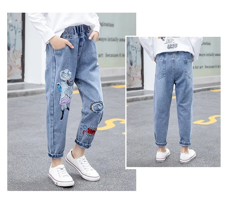 3-12 Years Teen Girls Jeans Little Girl Embroidery Fashion Long Pants For Kids Slim Fit Style Children Denim Fabric Trousers