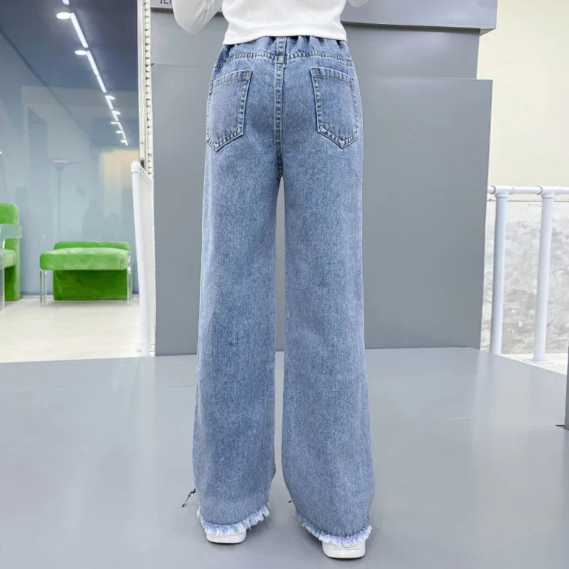 Girls Spring Jeans Children Wide-Leg Denim Pants Autumn Teenager Casual Loose Straight-Leg Trousers Kids Fashion Clothing