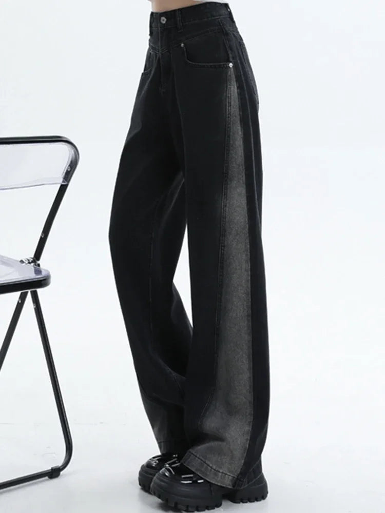 Woman High Waist Jeans Lady American High Street Patchwork Straight Leg Pants Girls Black Gray Contrast Color Wide Leg Trousers