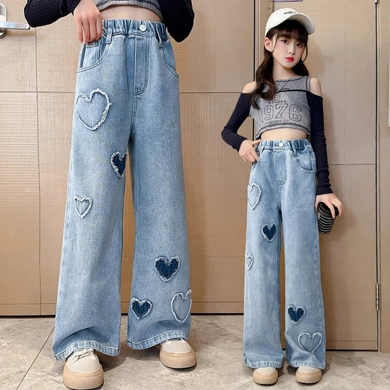Teenagers Girls Jeans Love Embroidery Children Trousers Autumn Girls Denim Wide Leg Pants 5 6 8 10 12 14 Years New Kids Clothes