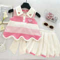 Pink 2-9 Years Girl Clothes Fashion Fold-over Collar Striped Love Print T-shirt + Pleated Skirt 2 Pcs Set Back Bow Decoration