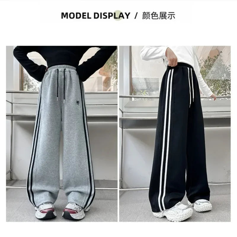 RAISE YOUNG 4-14Y Girls Sweatpant Pure Cotton Side Striped Junior Girl Sports Pant Loose Elastic Waist School Girl Straight Pant