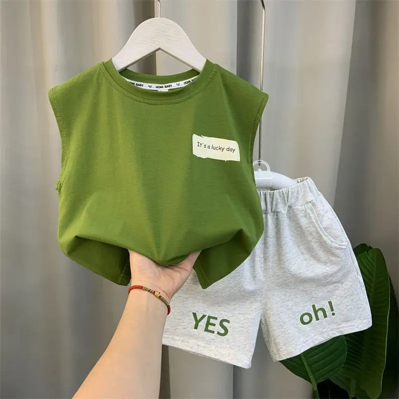 2024 Boy’s Loose Vest Sets Baby Casual Fashion Suit Summer New Children's Thin Sleeveless Round Neck Top Shorts 2Pcs 12M-6Years