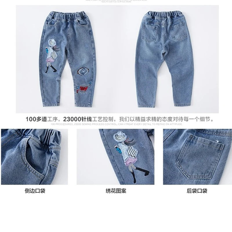 3-12 Years Teen Girls Jeans Little Girl Embroidery Fashion Long Pants For Kids Slim Fit Style Children Denim Fabric Trousers