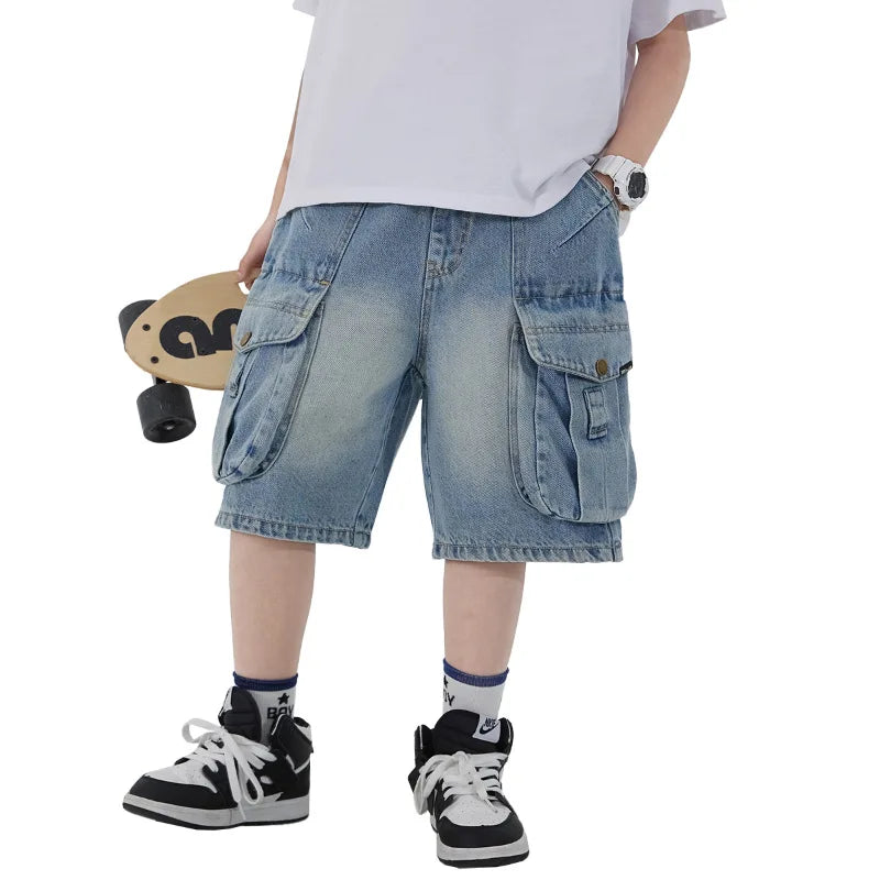 Boys' Workwear Denim Shorts Summer 2026 New Teenage Children's Pocket Design Outdoor Wear Loose Jeans Big Kids Mid-Pants