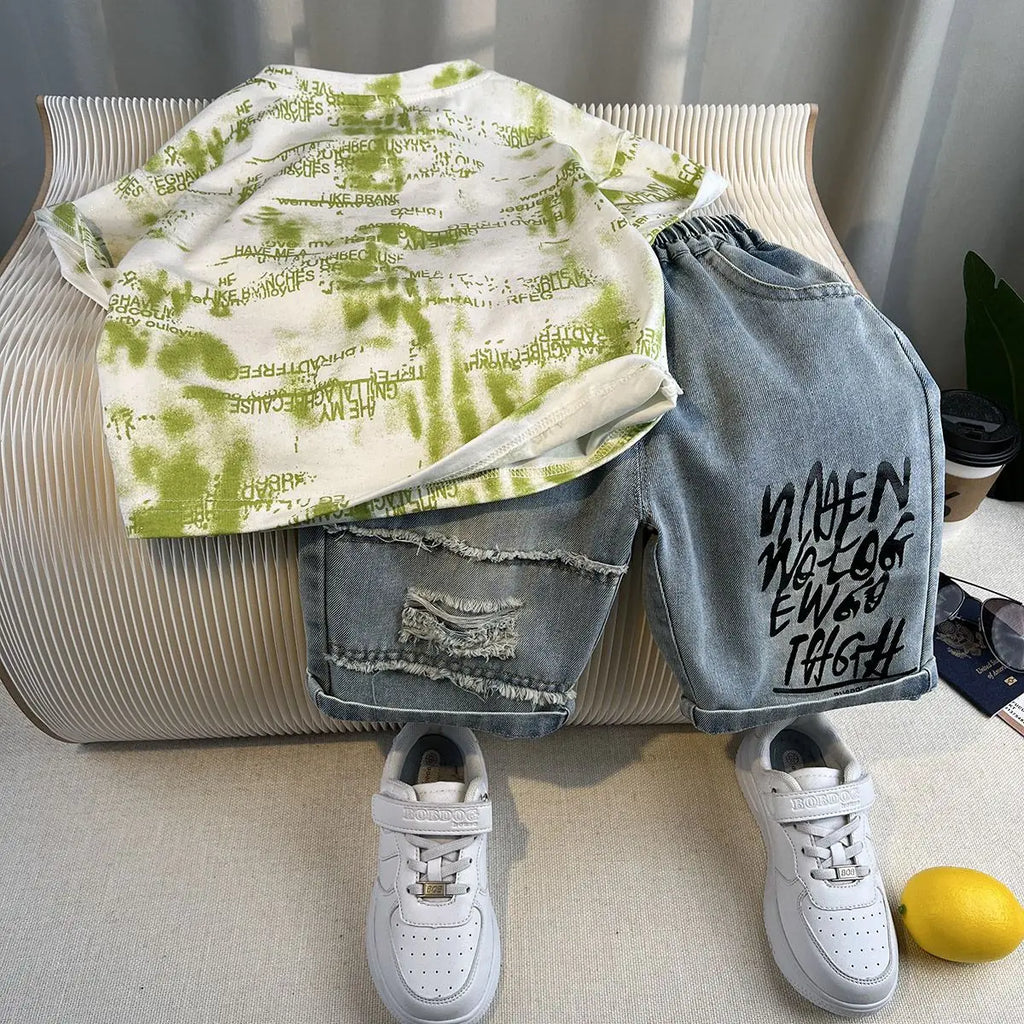 Kids Handsome Summer Clothing Denim Suit for Boy Casual T-shirt & Short Jeans 2Pcs Set Children's Top and Bottom Clothes Set