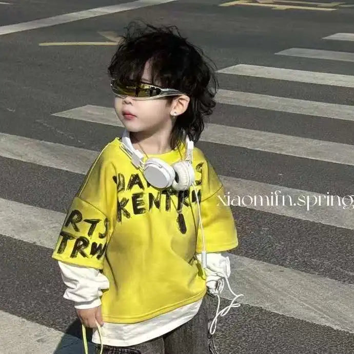 Boy Costumes Sweatshirt New Patchwork Hoodie Korean Letter T-shirt Retro Workwear Wide Jeans Kids Denim Overalls Outfit 2-11 Y