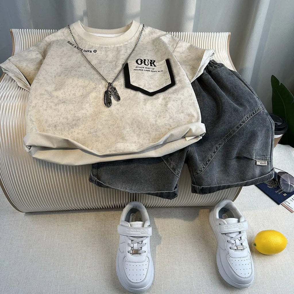 Kids Handsome Summer Clothing Denim Suit for Boy Casual T-shirt & Short Jeans 2Pcs Set Children's Top and Bottom Clothes Set