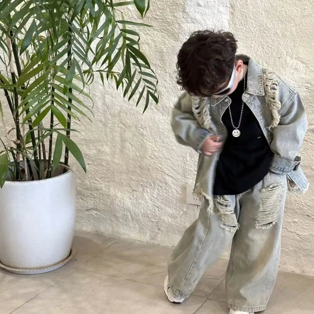 2-10Y Boys Spring Autumn Gray Retro Hole 2025 Denim Coat Pant Suit girl American Style New Loose Slimming High Waist Floor Pants