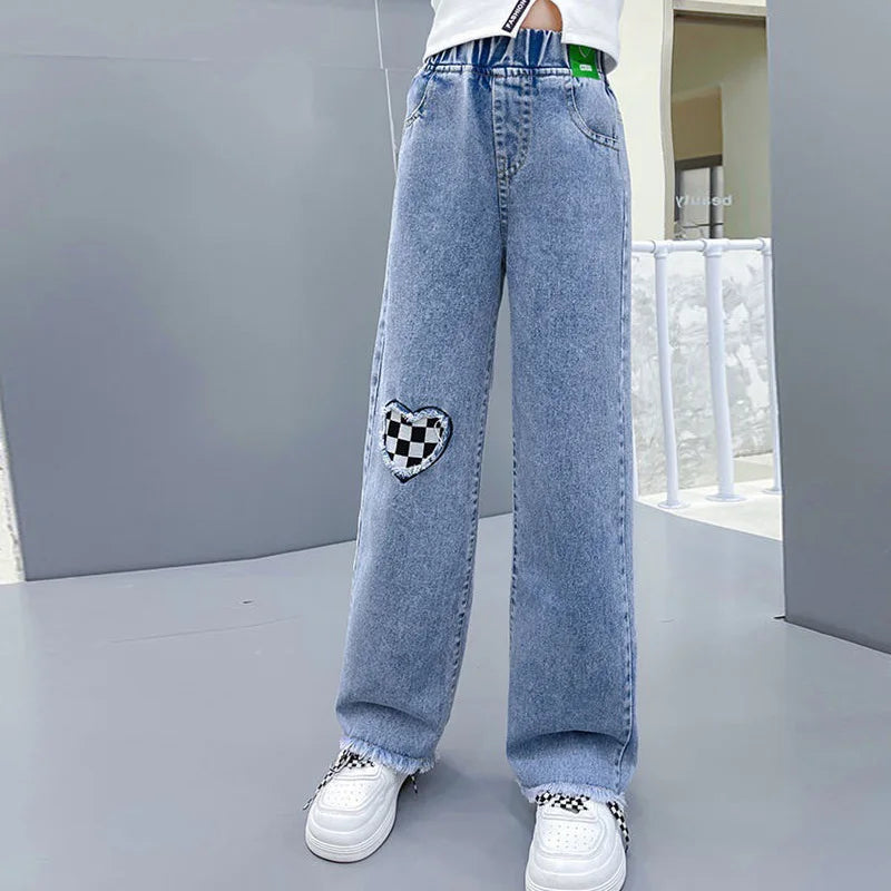 Girls Spring Jeans Children Wide-Leg Denim Pants Autumn Teenager Casual Loose Straight-Leg Trousers Kids Fashion Clothing