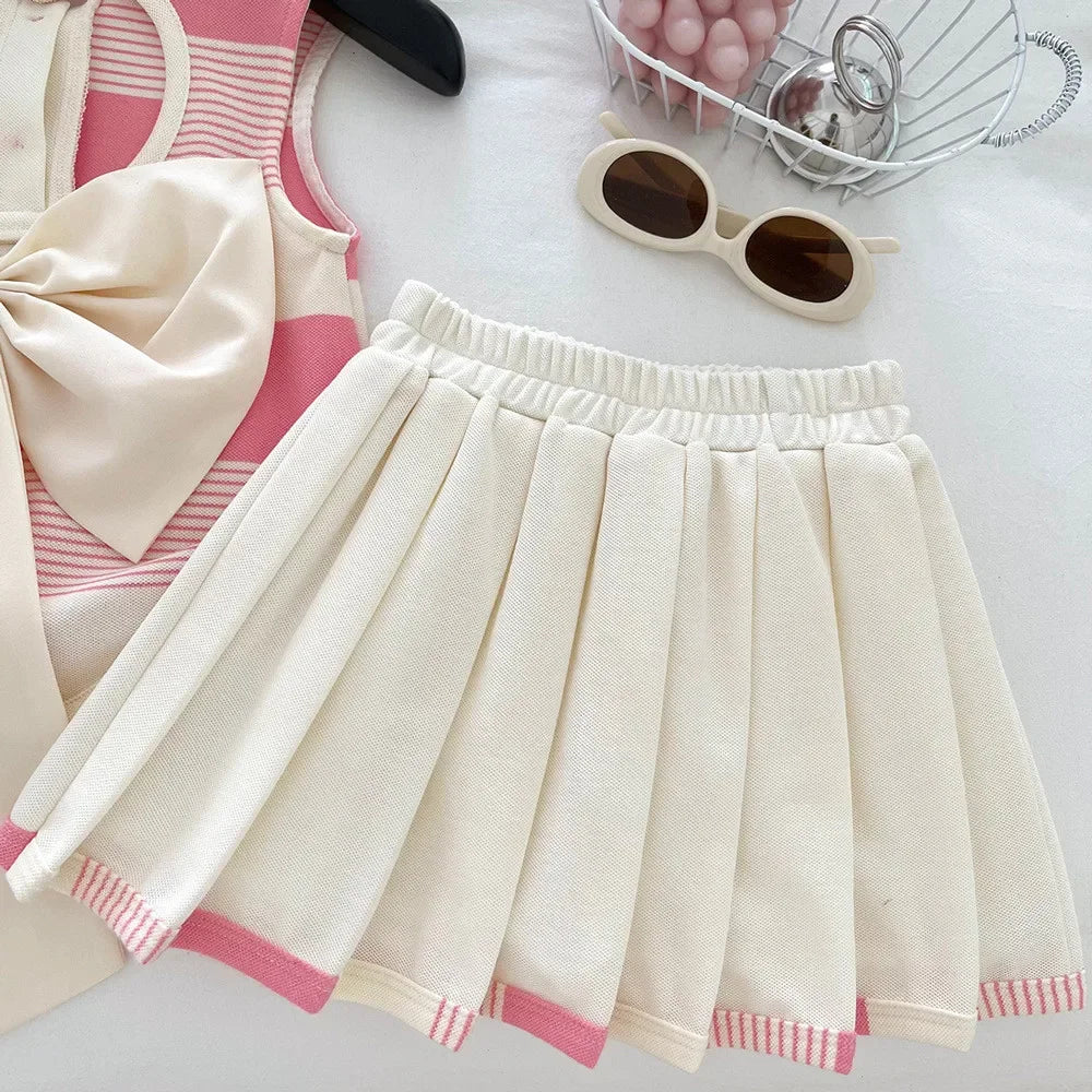 Pink 2-9 Years Girl Clothes Fashion Fold-over Collar Striped Love Print T-shirt + Pleated Skirt 2 Pcs Set Back Bow Decoration