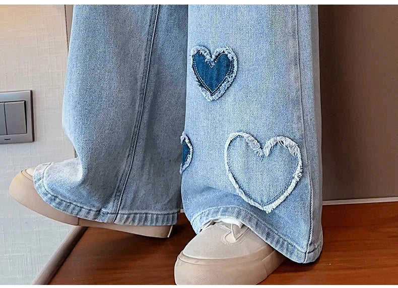 Teenagers Girls Jeans Love Embroidery Children Trousers Autumn Girls Denim Wide Leg Pants 5 6 8 10 12 14 Years New Kids Clothes