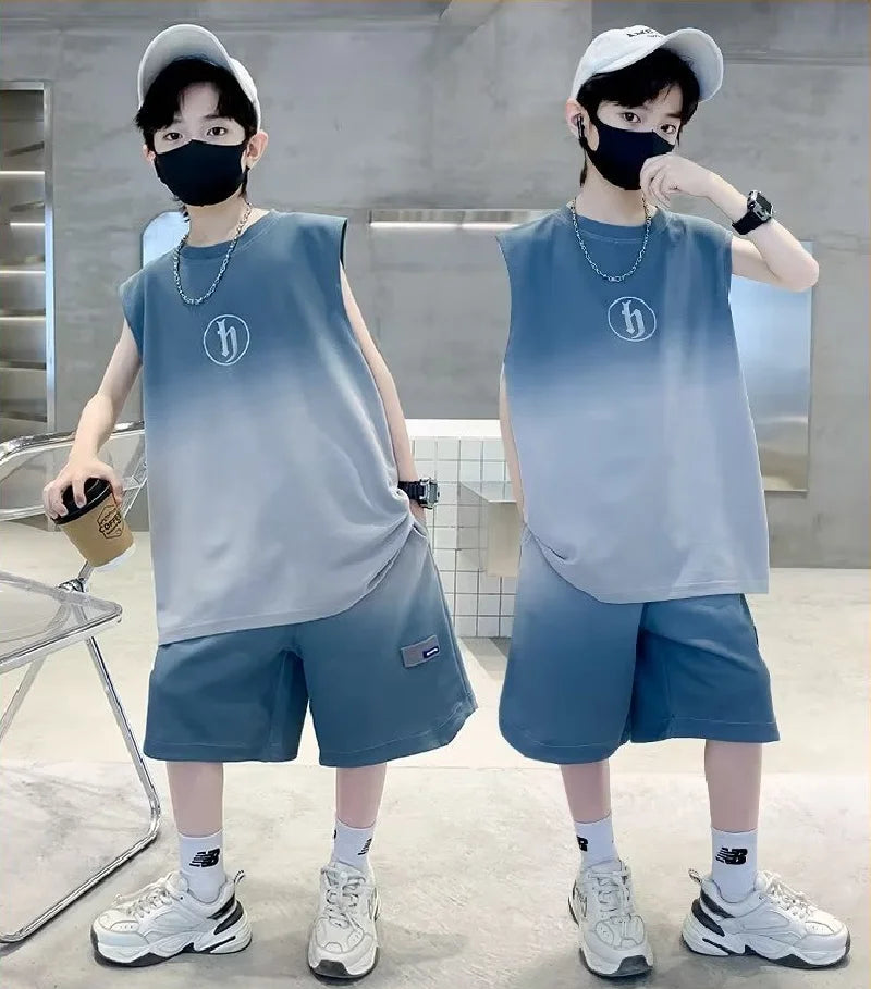 Boys Vest Sportwear Sets Summer Big Kids Casual Clothes Suits Sleeveless Tops+Shorts 2Pcs Children Trendy Handsome Outfits 3-10Y