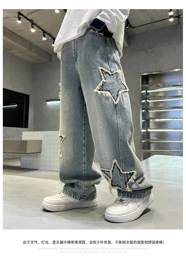 Kids Trousers New Fashion Teenager Boys Denim Wide Leg Pants Child Trousers Spring Autumn Star Splicing Raw Edge Jeans 5-14 Yrs