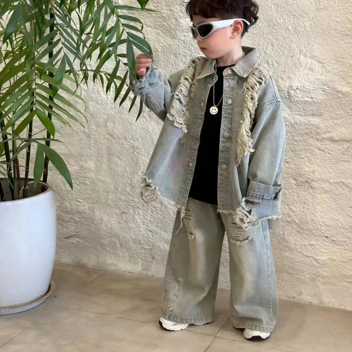 2-10Y Boys Spring Autumn Gray Retro Hole 2025 Denim Coat Pant Suit girl American Style New Loose Slimming High Waist Floor Pants
