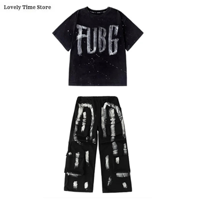 Hip Hop Boys Letters Cool T-shirt Loose Graffiti Pants Girls K-pop Costume Child Streetwear Kids Jazz Street Dance Clothes Sets