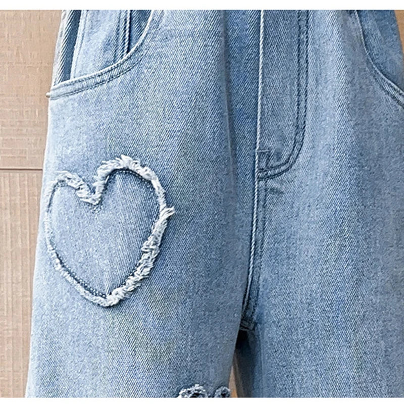 Teenagers Girls Jeans Love Embroidery Children Trousers Autumn Girls Denim Wide Leg Pants 5 6 8 10 12 14 Years New Kids Clothes