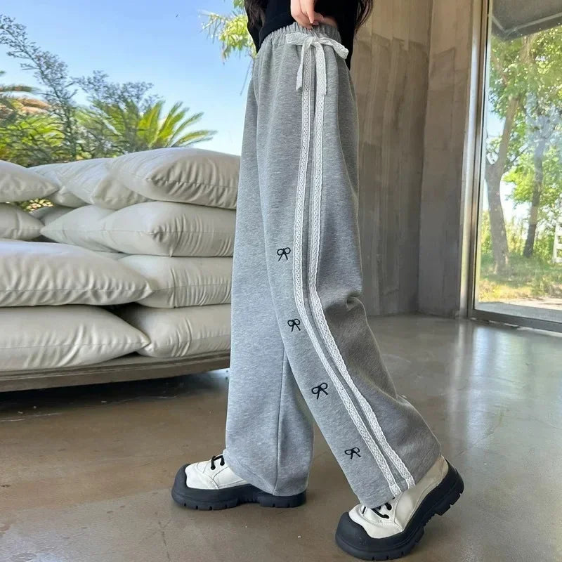 RAISE YOUNG 4-14Y Girls Sweatpant Pure Cotton Side Striped Junior Girl Sports Pant Loose Elastic Waist School Girl Straight Pant