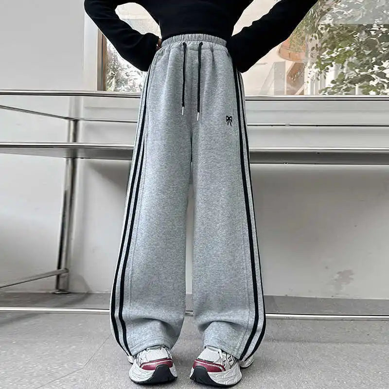 RAISE YOUNG 4-14Y Girls Sweatpant Pure Cotton Side Striped Junior Girl Sports Pant Loose Elastic Waist School Girl Straight Pant