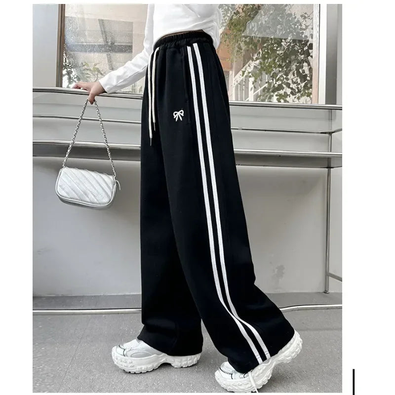 RAISE YOUNG 4-14Y Girls Sweatpant Pure Cotton Side Striped Junior Girl Sports Pant Loose Elastic Waist School Girl Straight Pant