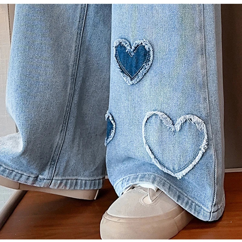 Teenagers Girls Jeans Love Embroidery Children Trousers Autumn Girls Denim Wide Leg Pants 5 6 8 10 12 14 Years New Kids Clothes