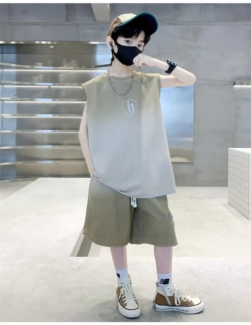 Boys Vest Sportwear Sets Summer Big Kids Casual Clothes Suits Sleeveless Tops+Shorts 2Pcs Children Trendy Handsome Outfits 3-10Y