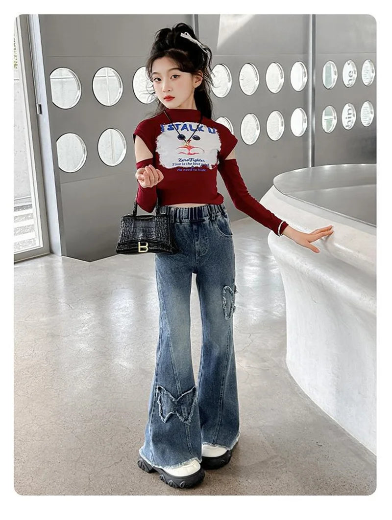 2025 Girls Wide Leg Jeans Loose Pants Spring Autumn Teen Casual Trousers Kids Fashion Straight Denim Long Pants Children Clothes