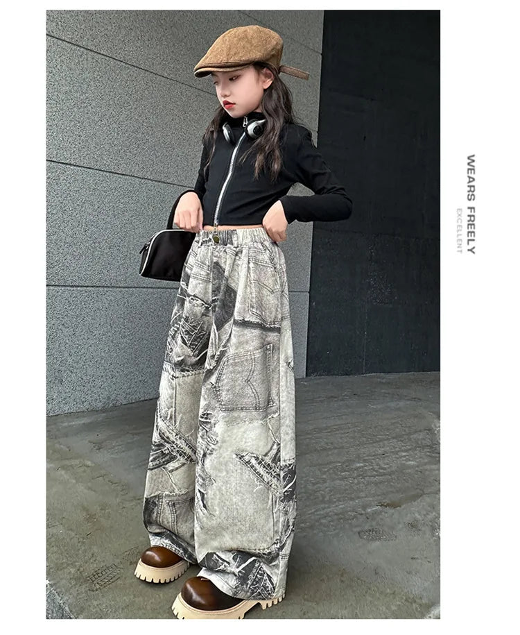 Spring Autumn Teenager Girls Denim Wide Leg Pants Children Trousers New Fashion Tie Dye Design Girls Jeans 5-14 Yrs Kids Clothes