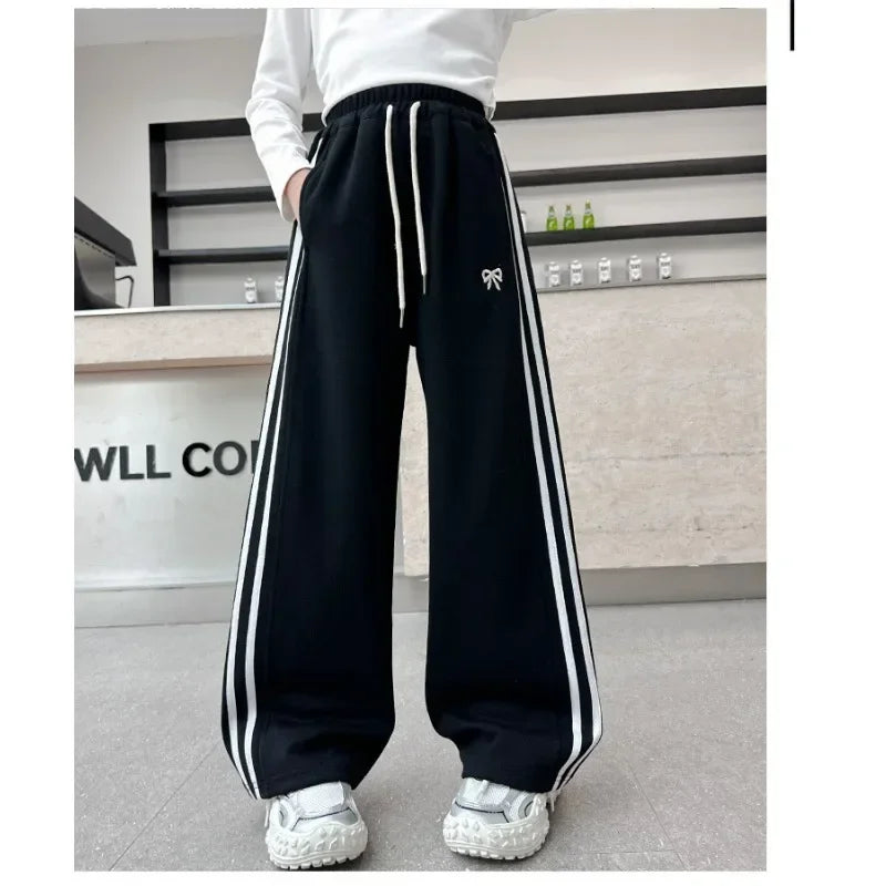 RAISE YOUNG 4-14Y Girls Sweatpant Pure Cotton Side Striped Junior Girl Sports Pant Loose Elastic Waist School Girl Straight Pant