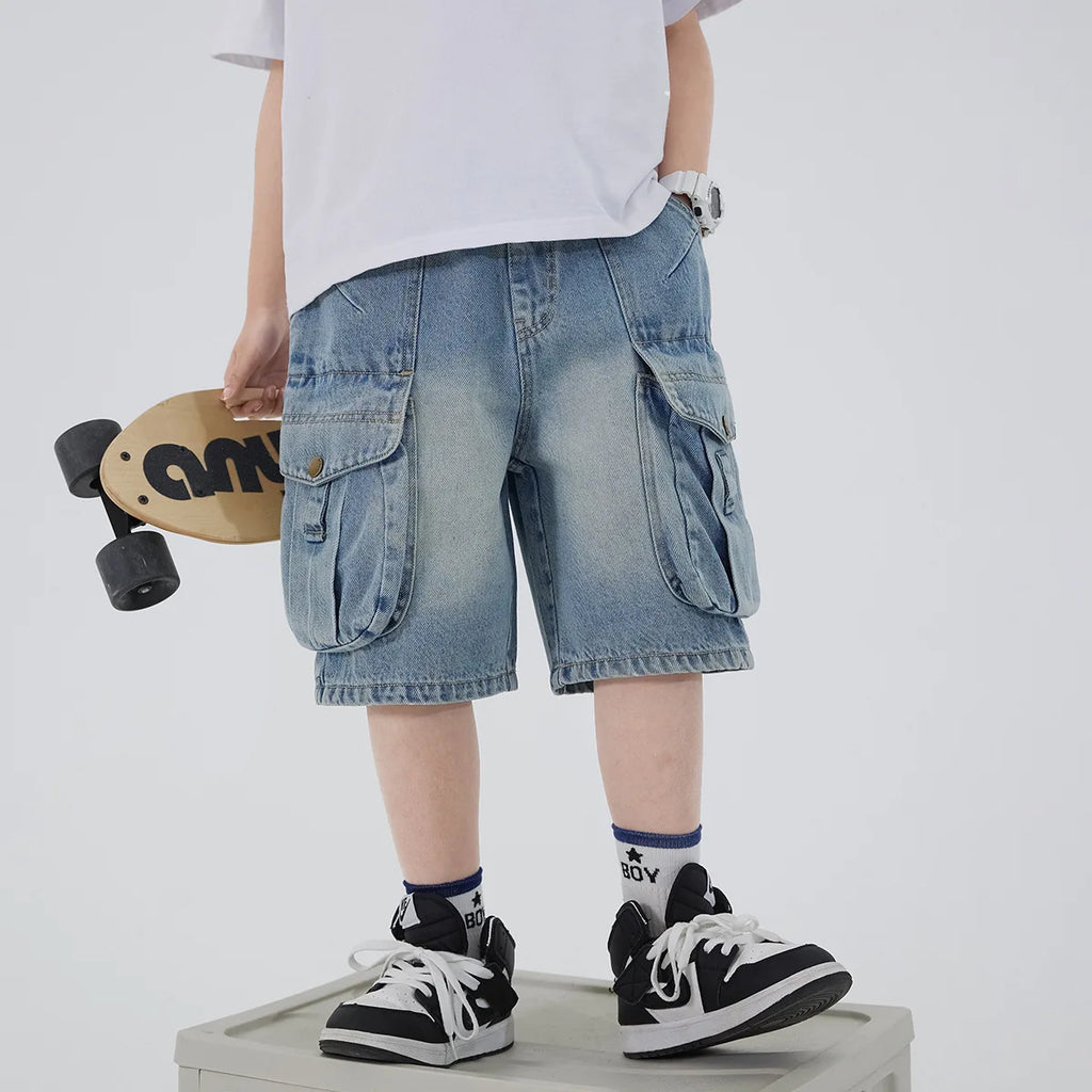 Boys' Workwear Denim Shorts Summer 2026 New Teenage Children's Pocket Design Outdoor Wear Loose Jeans Big Kids Mid-Pants