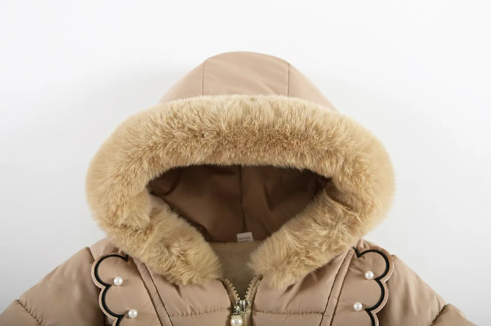 Children Autumn Winter Thick Cotton Coat Kids Girls Warm Pearls Jacket Plush Collar Hooded Windproof Outwear 1 To 6 Years Old