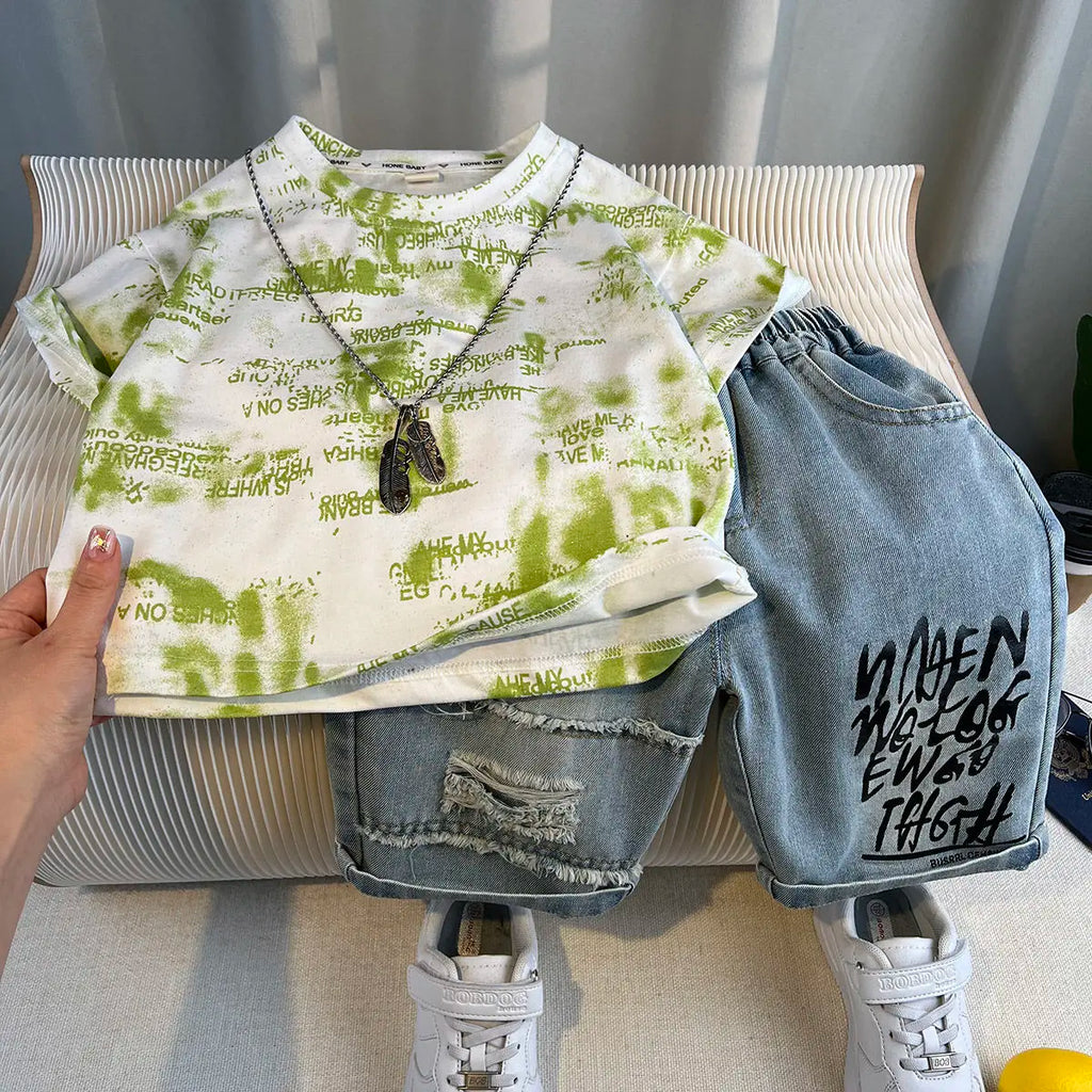 Kids Handsome Summer Clothing Denim Suit for Boy Casual T-shirt & Short Jeans 2Pcs Set Children's Top and Bottom Clothes Set
