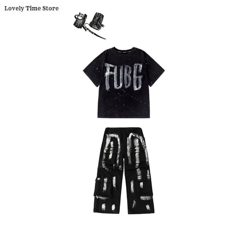 Hip Hop Boys Letters Cool T-shirt Loose Graffiti Pants Girls K-pop Costume Child Streetwear Kids Jazz Street Dance Clothes Sets