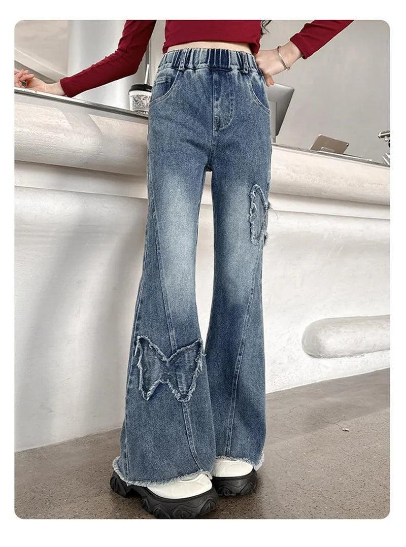 2025 Girls Wide Leg Jeans Loose Pants Spring Autumn Teen Casual Trousers Kids Fashion Straight Denim Long Pants Children Clothes