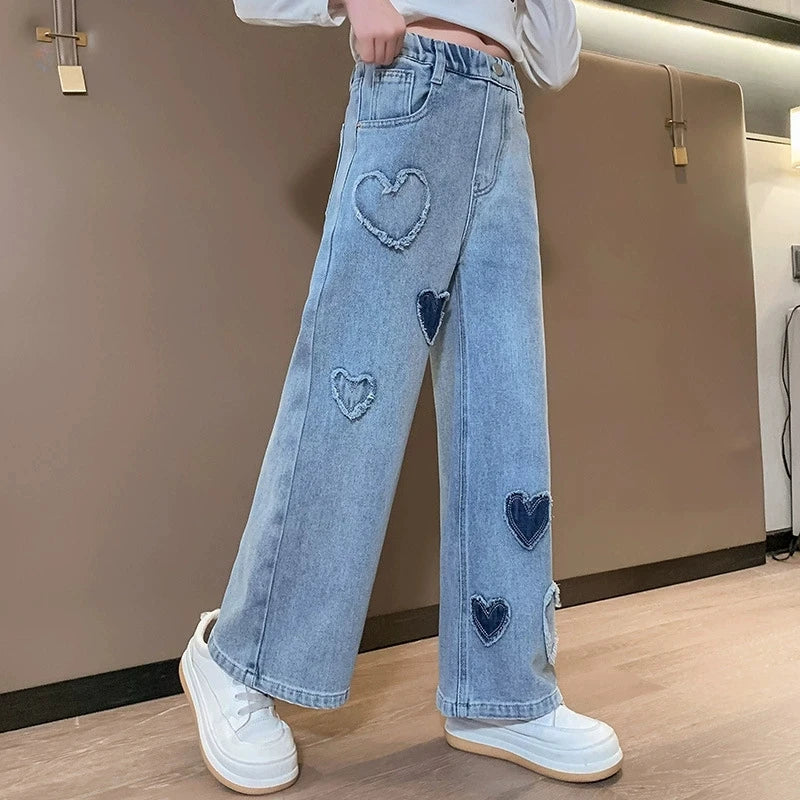 Teenagers Girls Jeans Love Embroidery Children Trousers Autumn Girls Denim Wide Leg Pants 5 6 8 10 12 14 Years New Kids Clothes