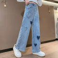 Teenagers Girls Jeans Love Embroidery Children Trousers Autumn Girls Denim Wide Leg Pants 5 6 8 10 12 14 Years New Kids Clothes